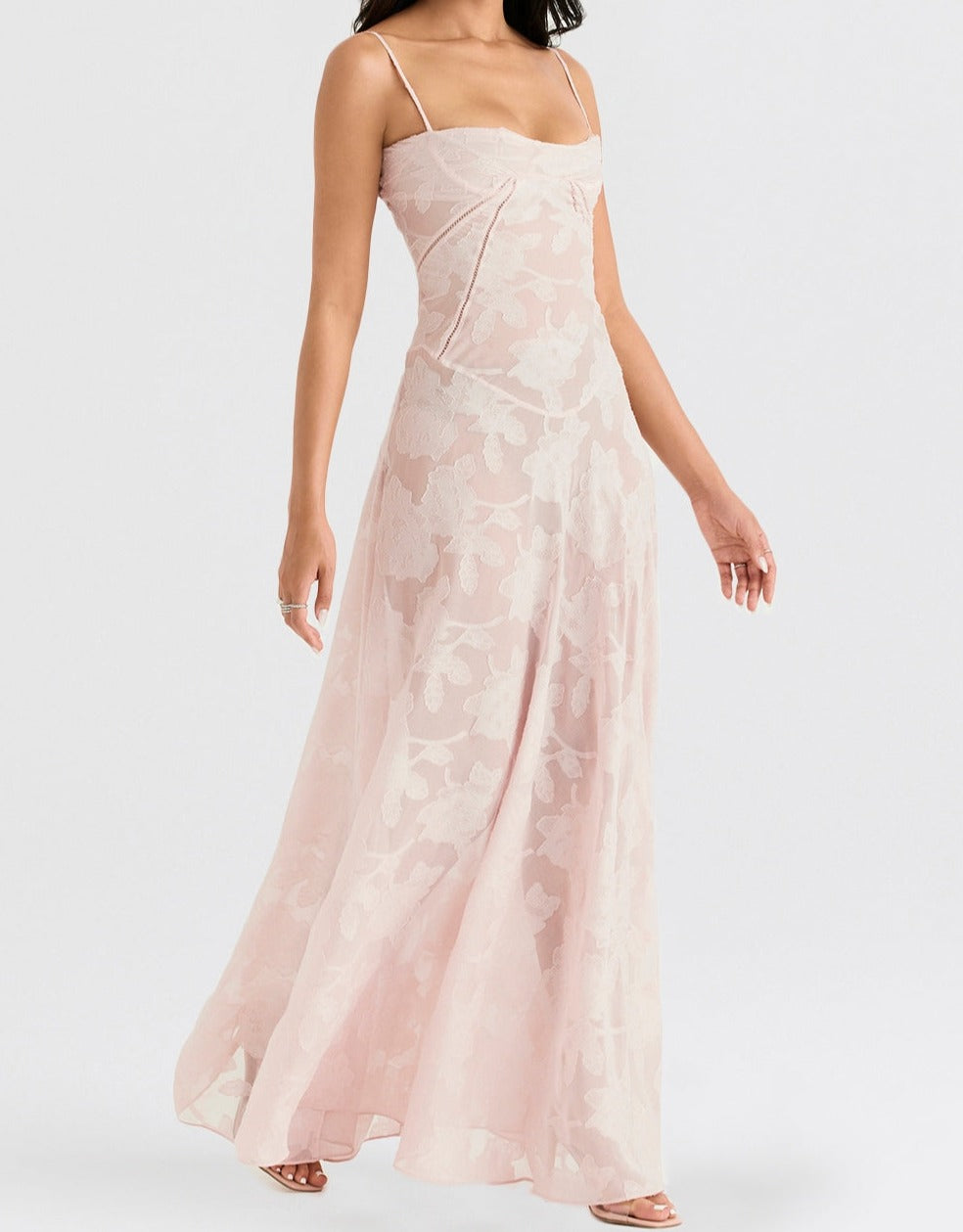 Lace Floral Spaghetti Strap Sheer Sleeveless Pink Dress
