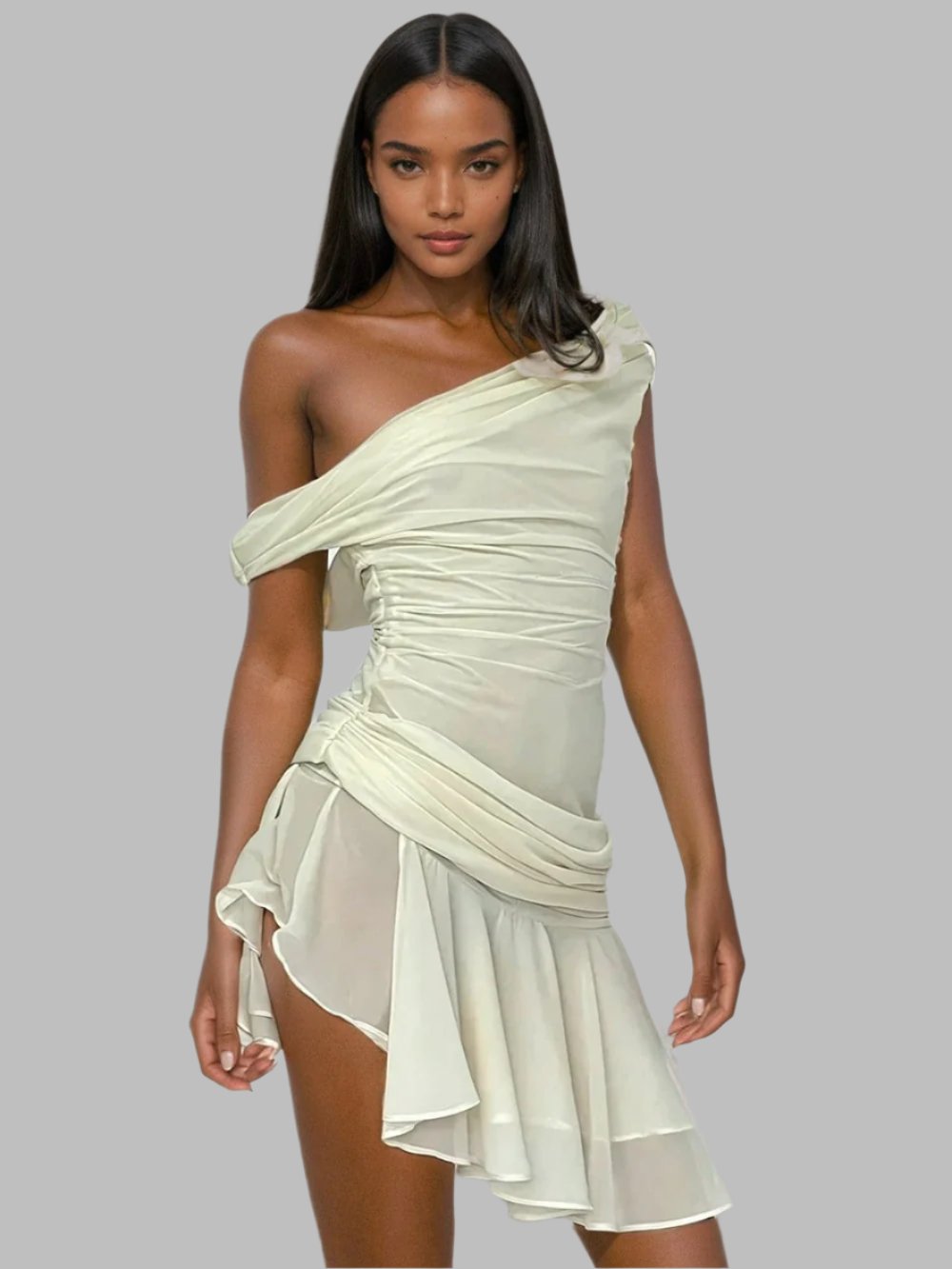 Off The Shoulder Mesh Asymmetric Mini Dress