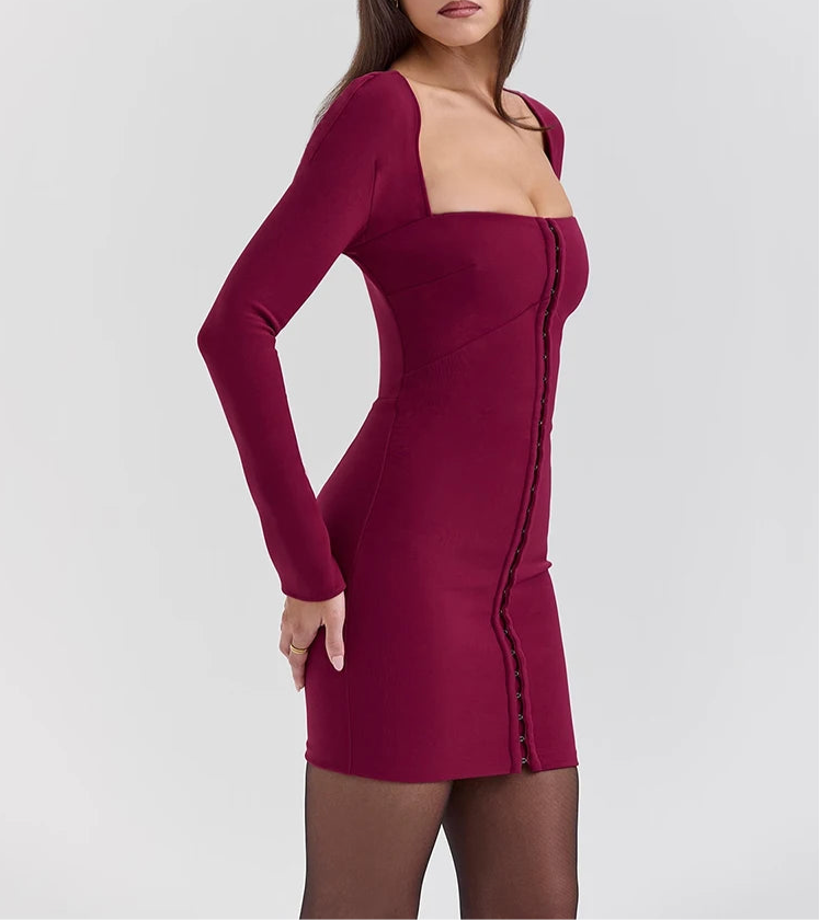 Square Collar Hook Mini Bodycon Dress