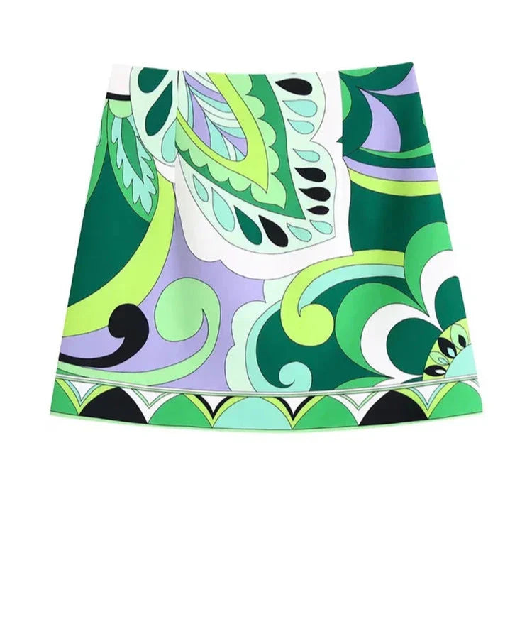 Leaf Print A Line Skirt And Blouse Set