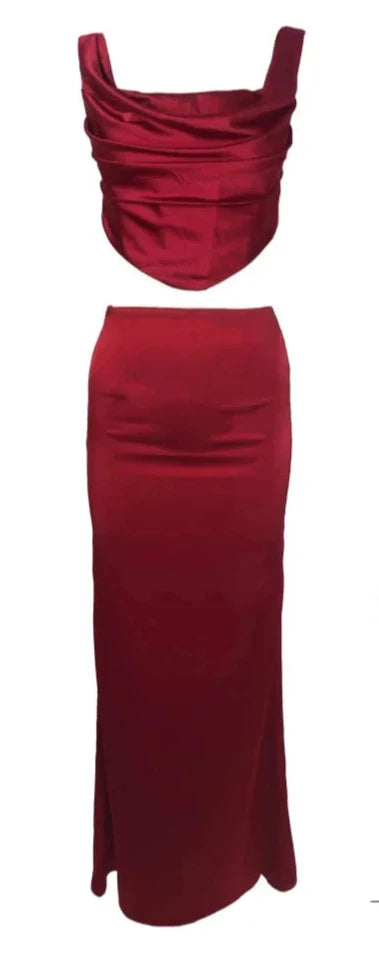 Satin Two Piece Elegant Corset Style Top and Maxi Skirt