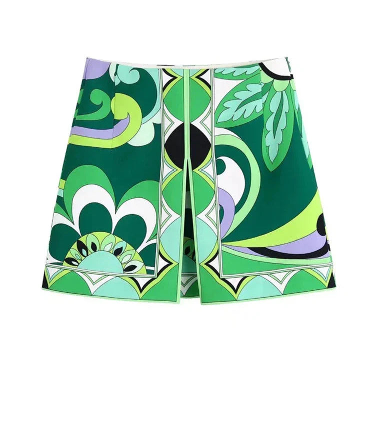 Leaf Print A Line Skirt And Blouse Set