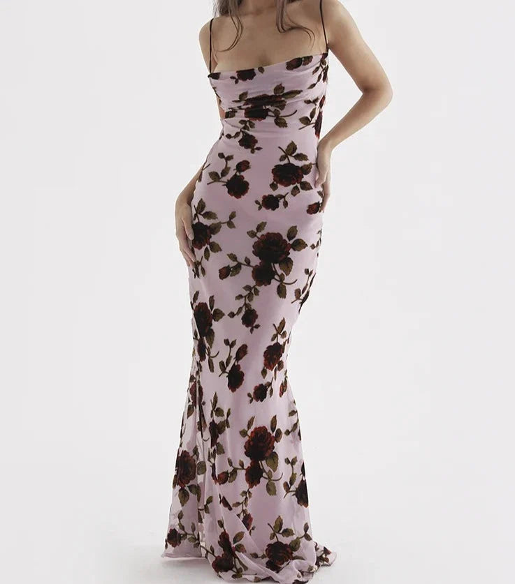 Backless Lace Up Floral Print Mesh Dress