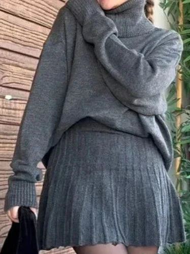 Turtle Neck Knitted Sweater Skirt Set