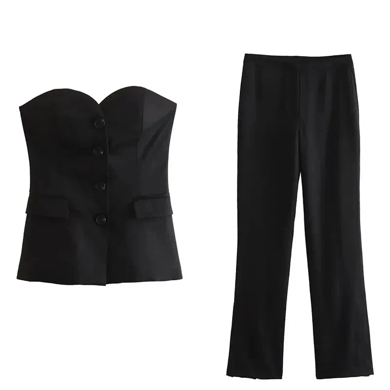 Button Down Suit Top & Side Slit Trouser Two Piece Set