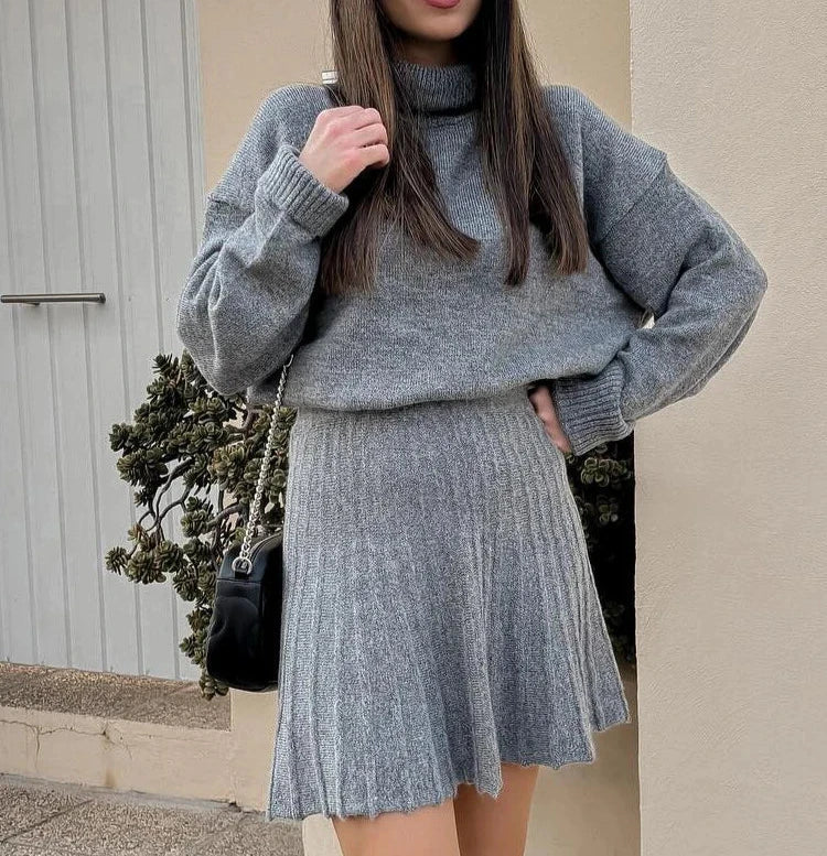 Turtle Neck Knitted Sweater Skirt Set