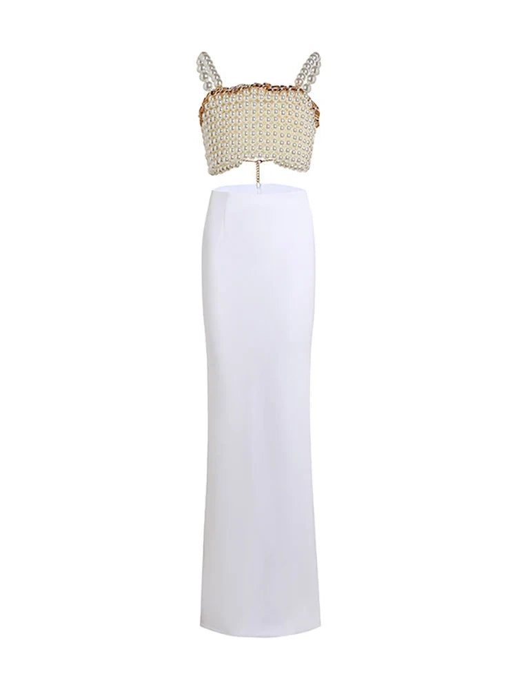 Luxe Beaded Pearl Top And Maxi Skirt Set