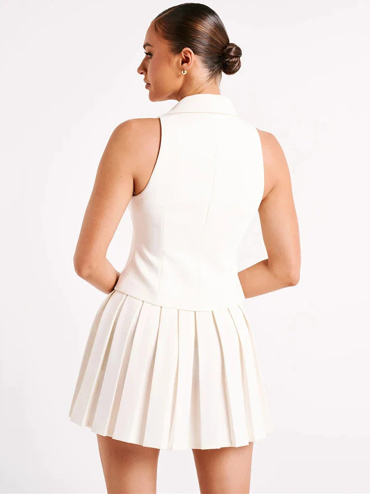 Large Pleated Mini Skirt V Neck Suit