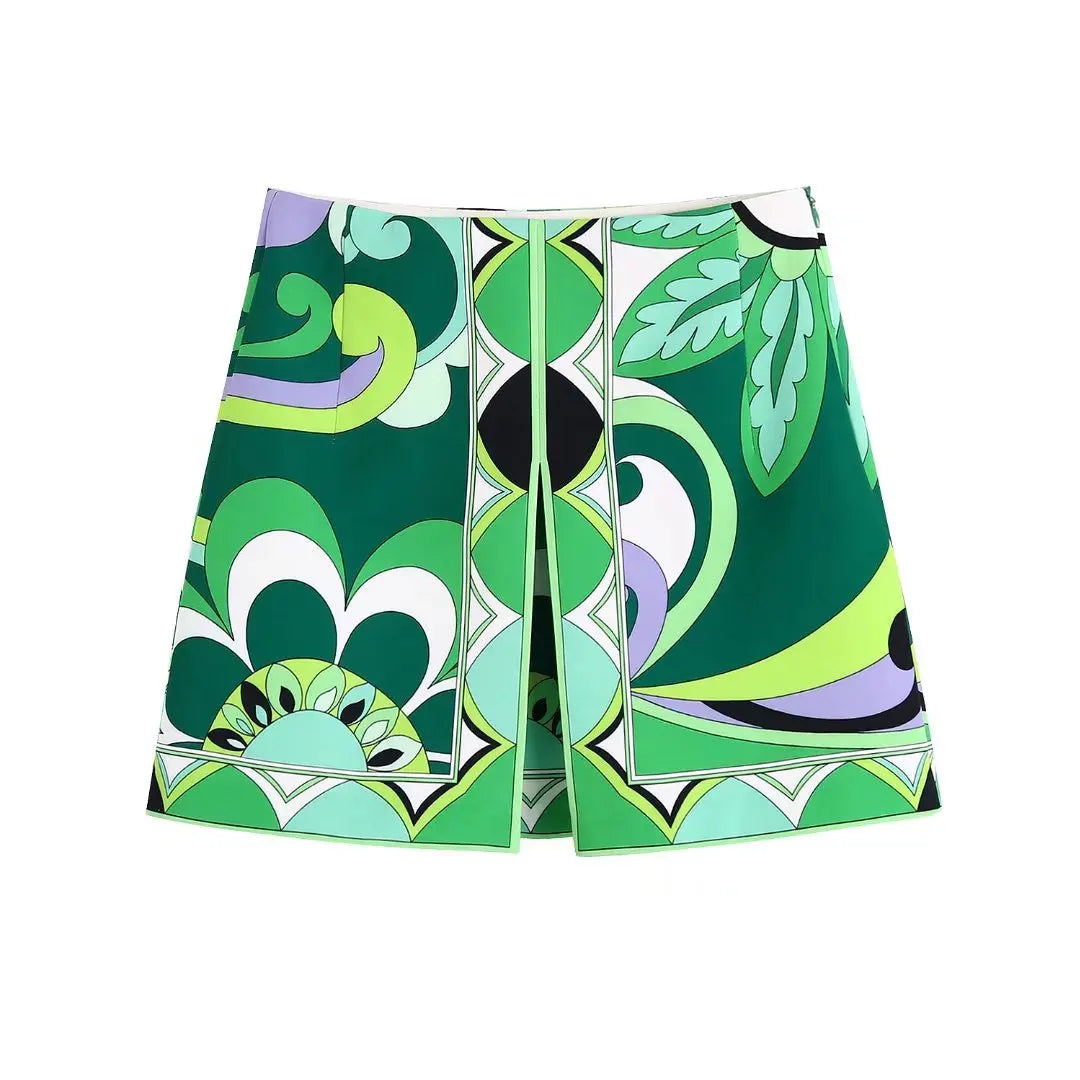 Leaf Print A Line Skirt And Blouse Set