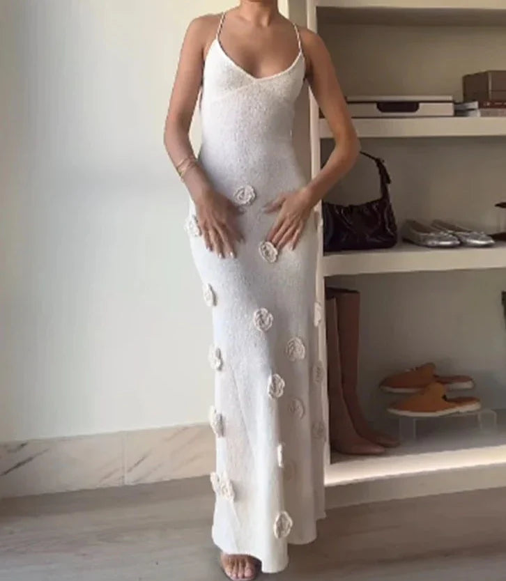 3D Flower V-Neck Maxi Dress