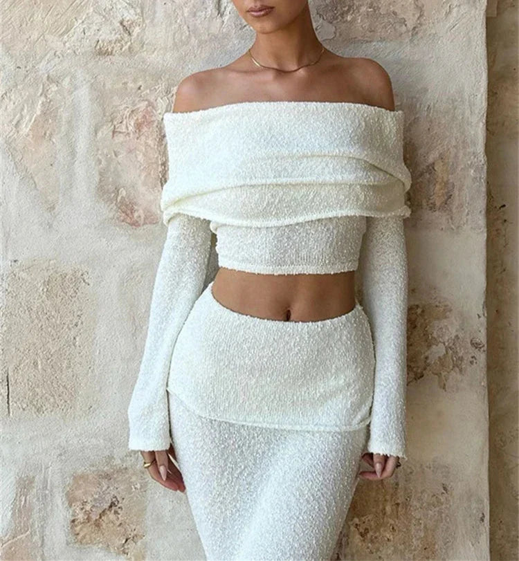 Holiday Two Piece Off Shoulder Top And Maxi Skirt Set