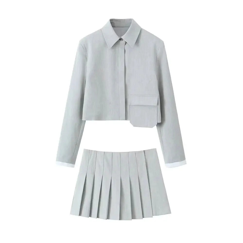 Chic Button Jacket Patch Pocket And Pleated Skirt Set