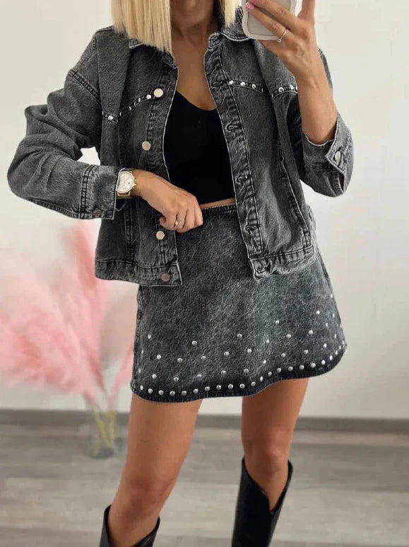 Chic Stonewashed Denim Jacket And Skirt Set