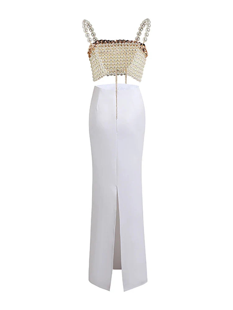 Luxe Beaded Pearl Top And Maxi Skirt Set