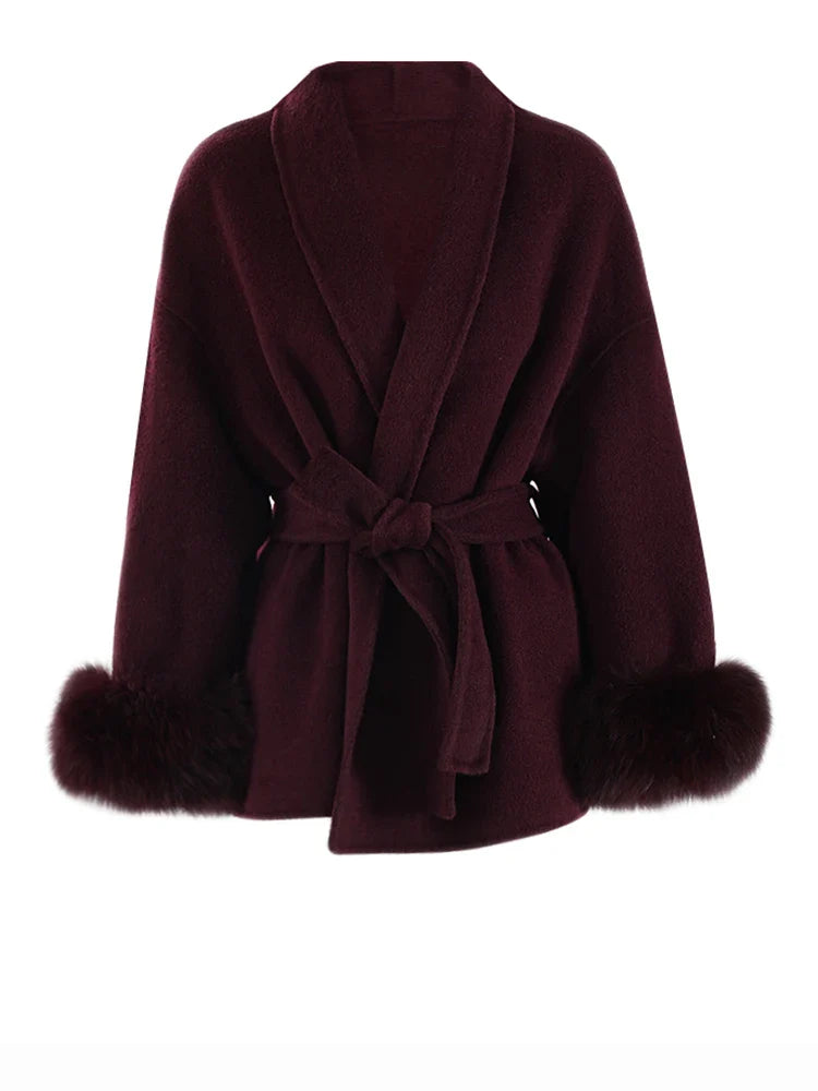 100% Wool Fur Trim Long Sleeve Coat