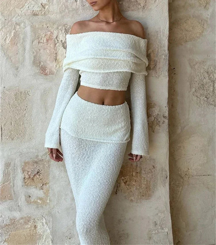 Holiday Two Piece Off Shoulder Top And Maxi Skirt Set