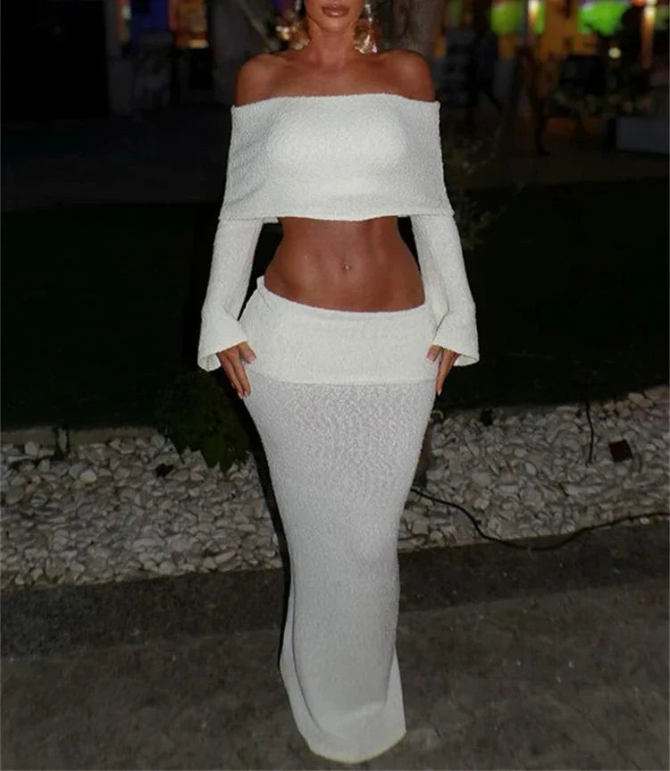 Holiday Two Piece Off Shoulder Top And Maxi Skirt Set