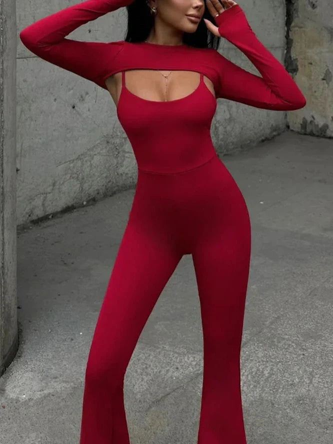 Hollow Out Jumpsuit Long Sleeve Two Piece Set