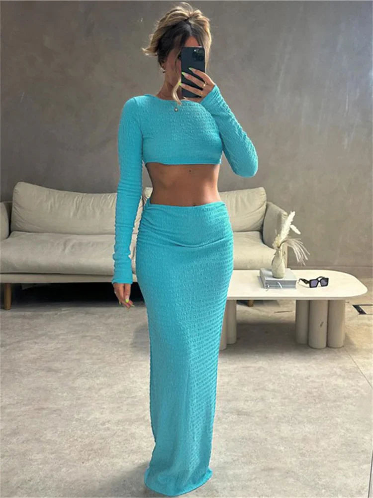 Two Piece Set Long Sleeve Crop top And Maxi Skirt Outfit