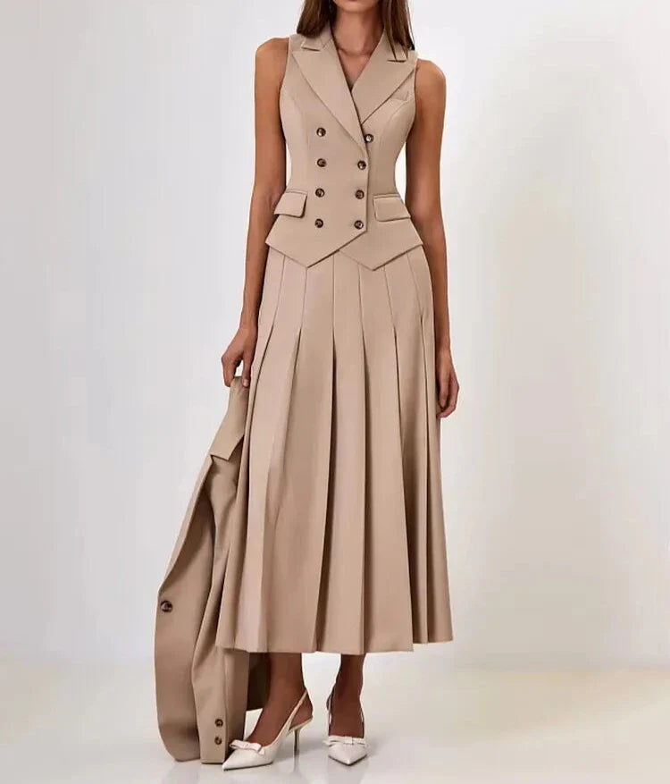 Notched Elegant Collar Vest And Pleated Maxi Skirt Set