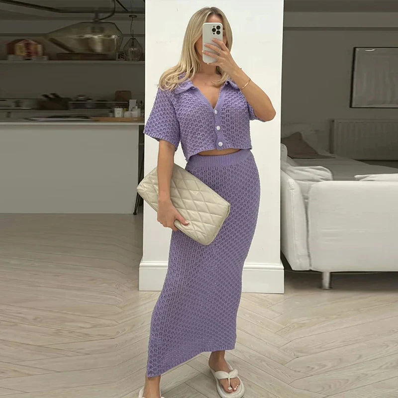 Knit Lapel Button Cardigan Skirt Suit