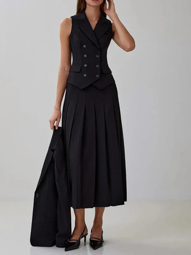 Notched Elegant Collar Vest And Pleated Maxi Skirt Set