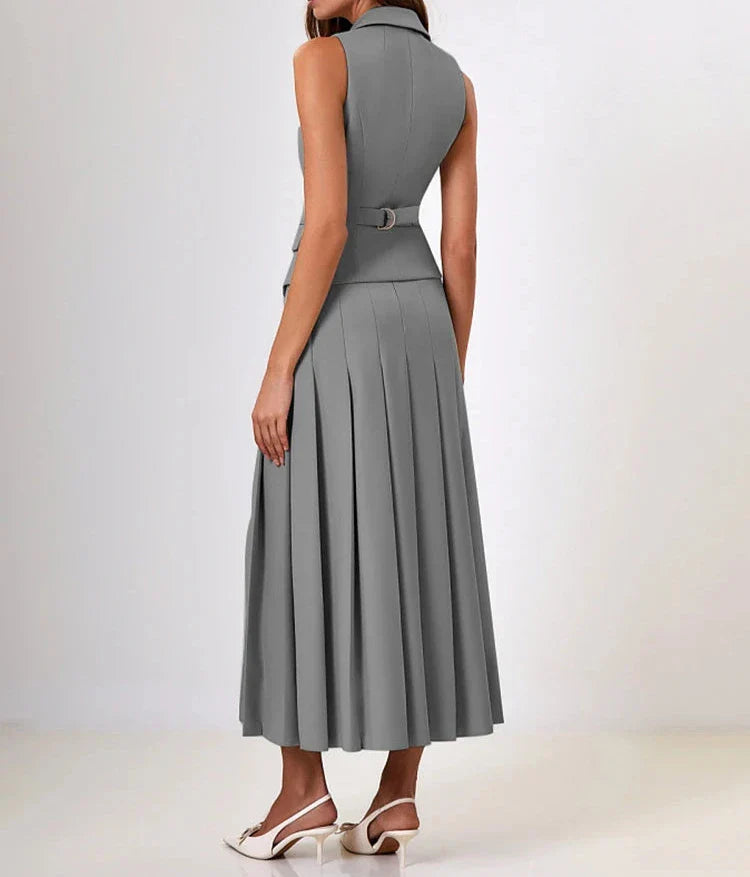 Notched Elegant Collar Vest And Pleated Maxi Skirt Set