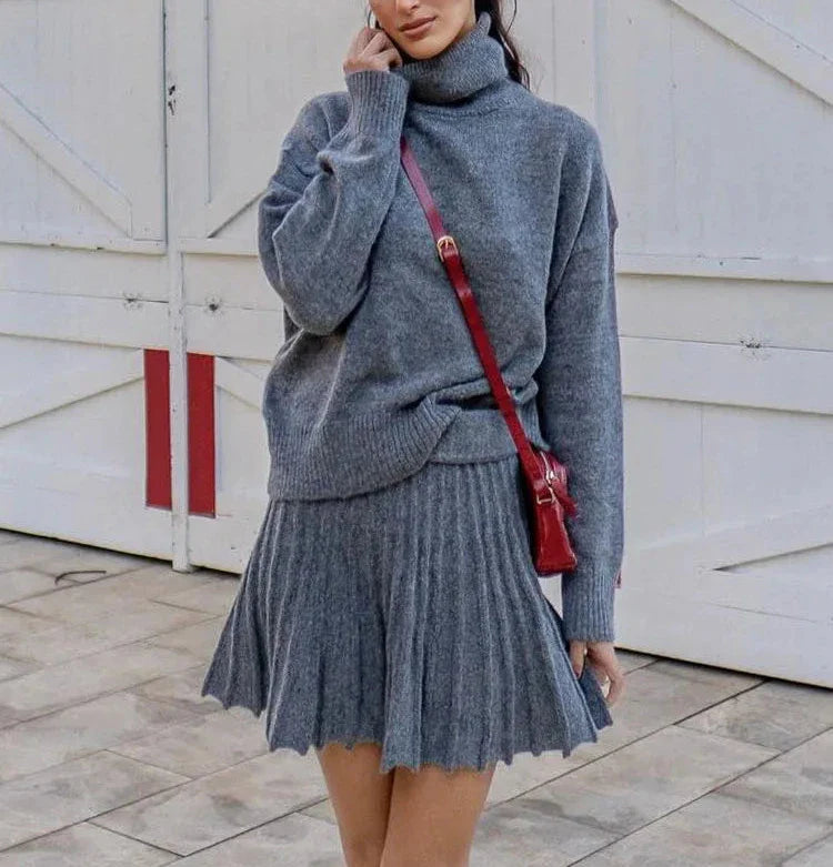 Turtle Neck Knitted Sweater Skirt Set
