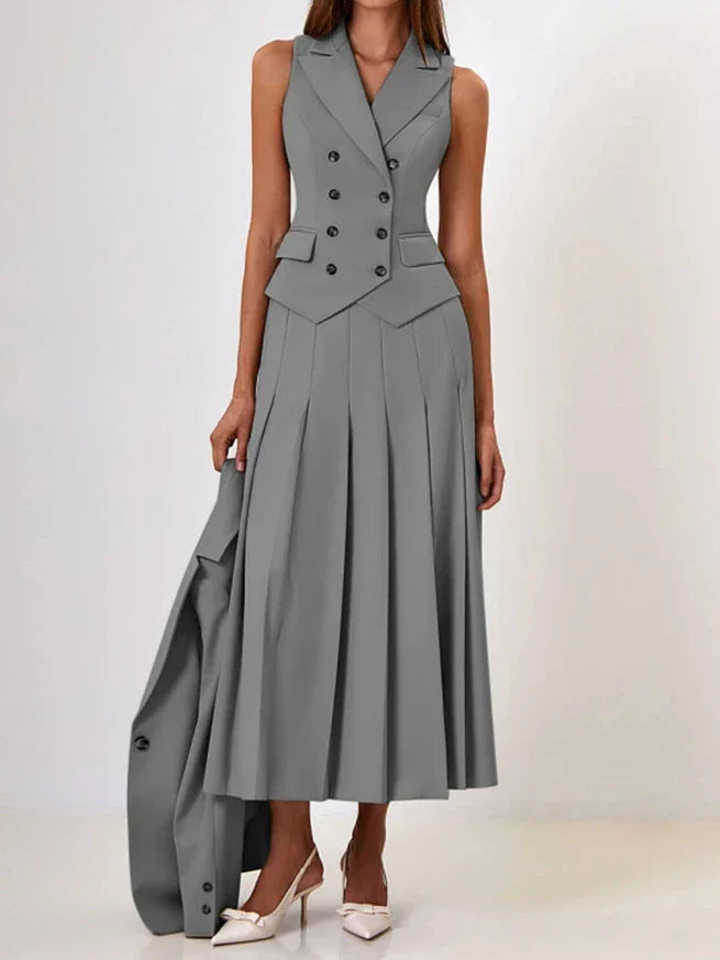 Notched Elegant Collar Vest And Pleated Maxi Skirt Set