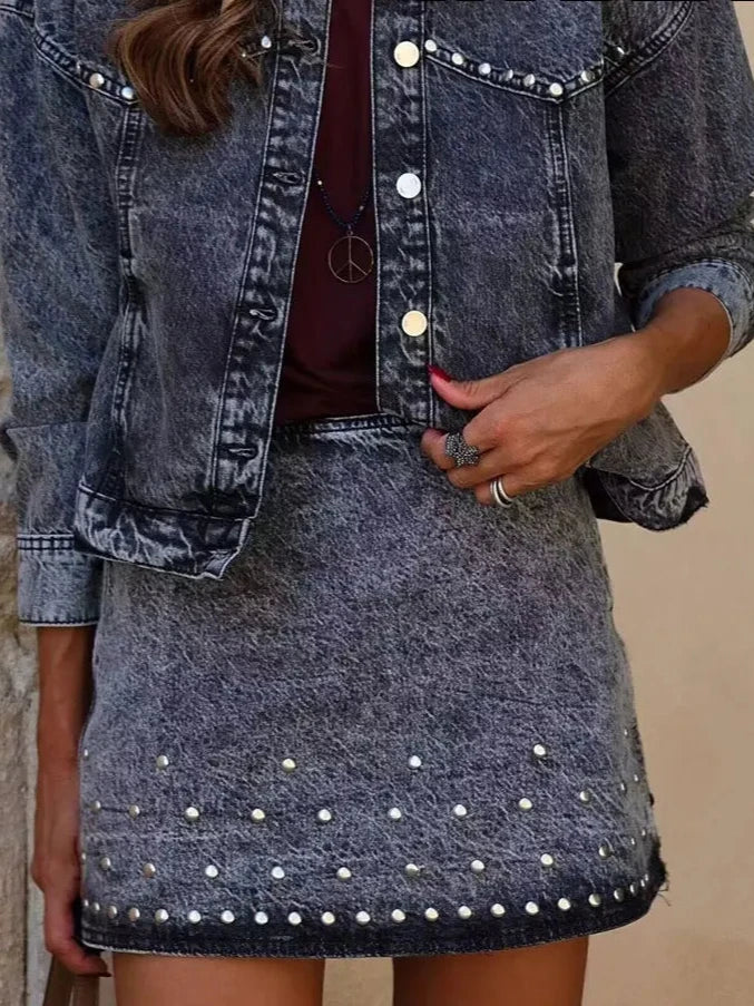 Chic Stonewashed Denim Jacket And Skirt Set