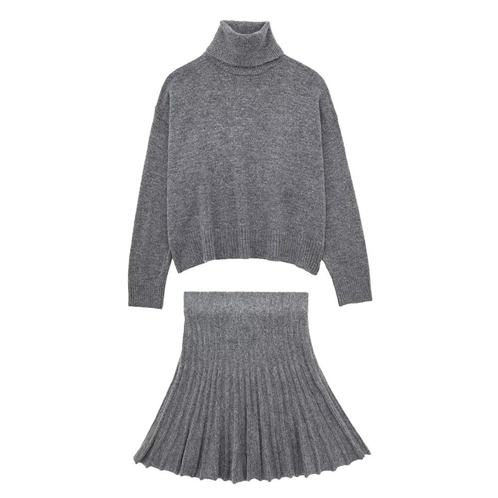 Turtle Neck Knitted Sweater Skirt Set