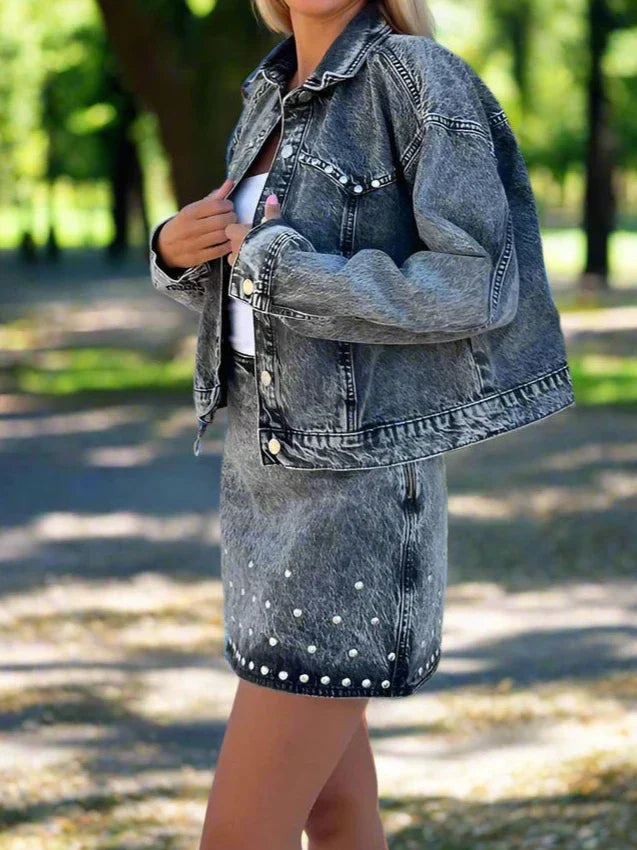 Chic Stonewashed Denim Jacket And Skirt Set