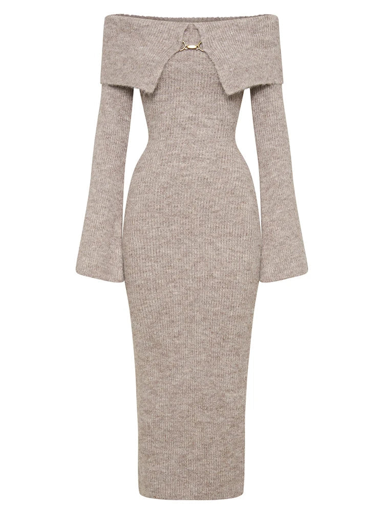 Elegant Knitted Lapel Off Shoulder Maxi Dress