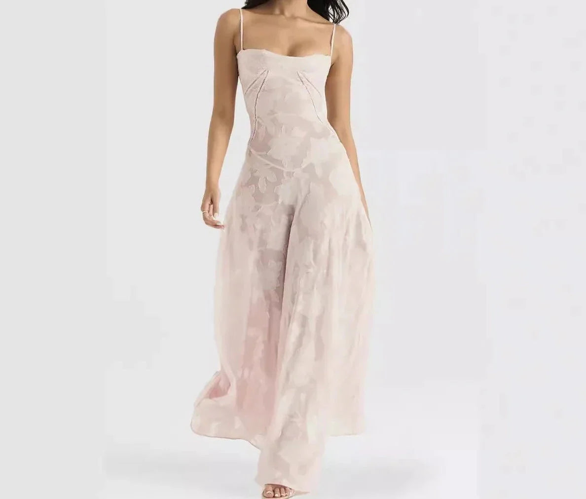 Lace Floral Spaghetti Strap Sheer Sleeveless Pink Dress