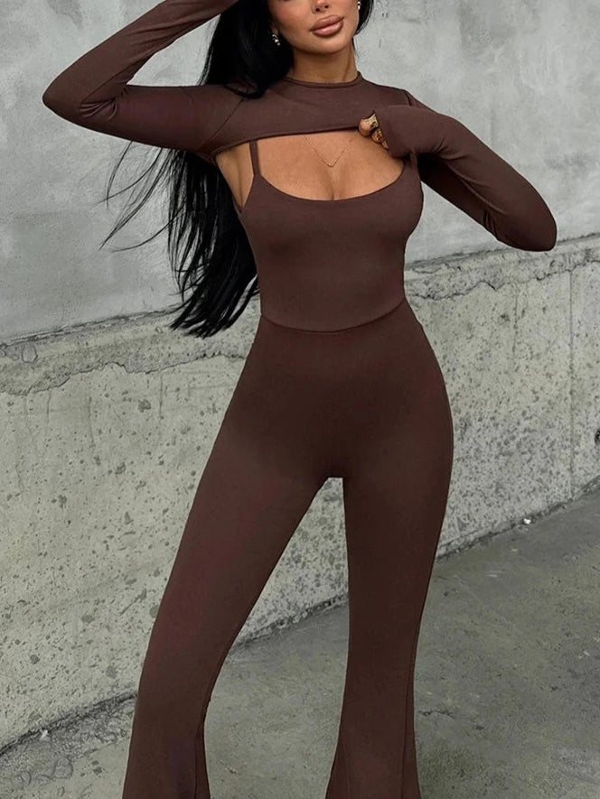 Hollow Out Jumpsuit Long Sleeve Two Piece Set