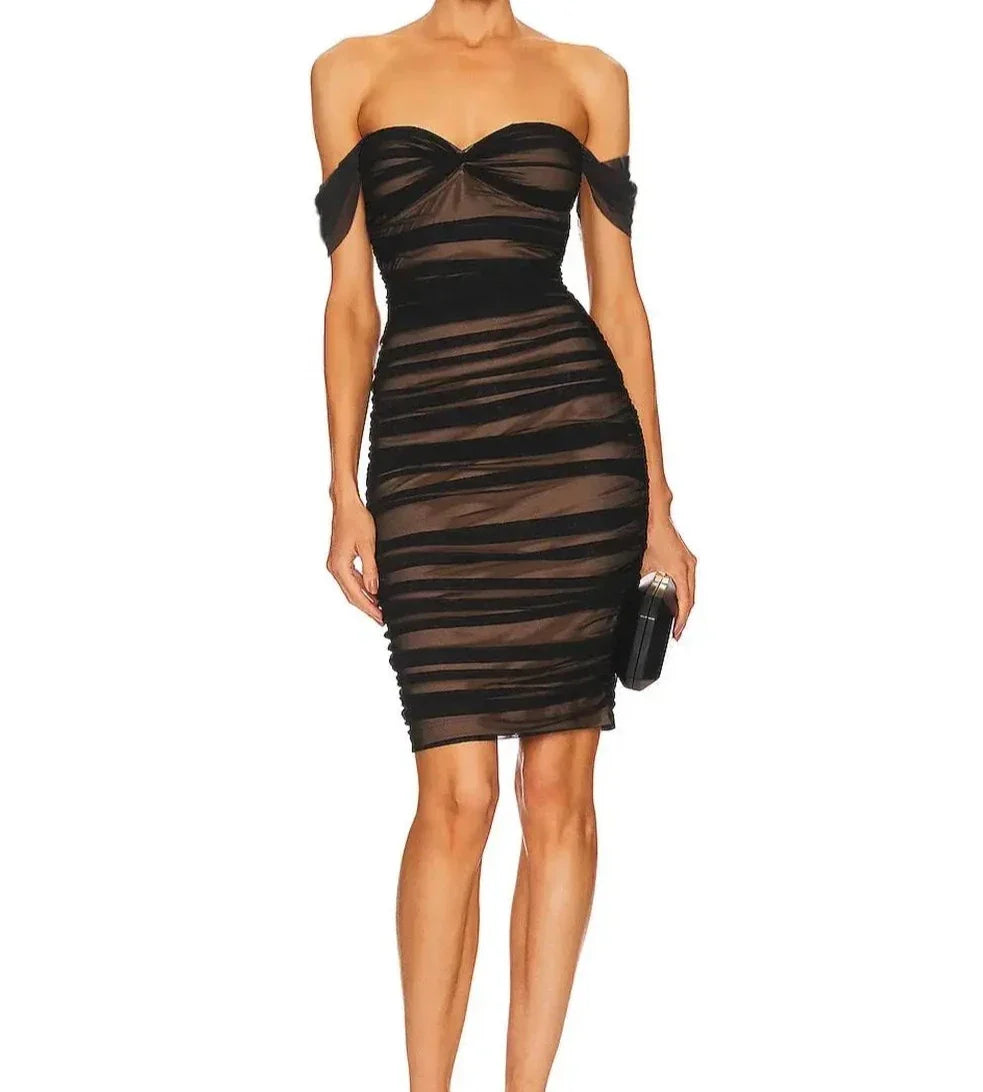 Off The Shoulder Mesh Ruched Midi Bodycon Dress