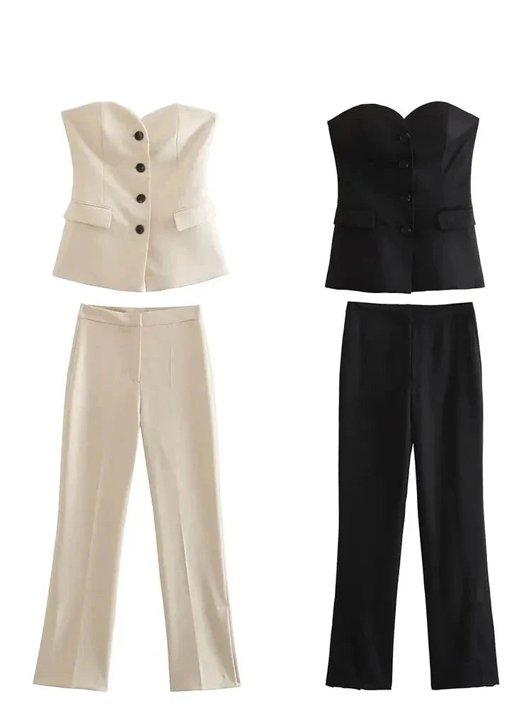 Button Down Suit Top & Side Slit Trouser Two Piece Set