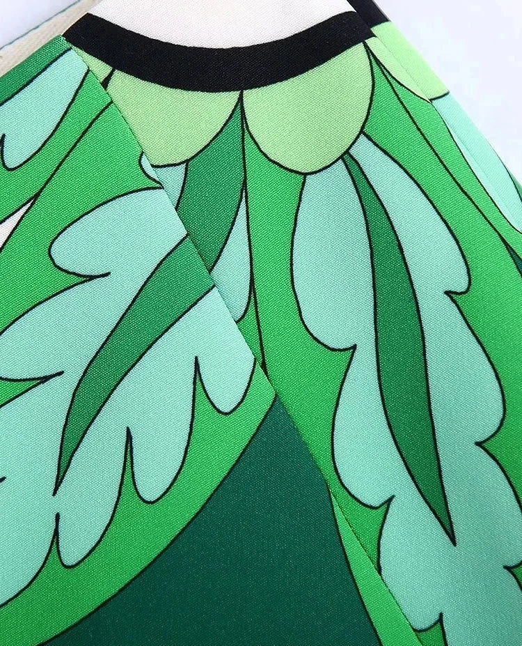 Leaf Print A Line Skirt And Blouse Set