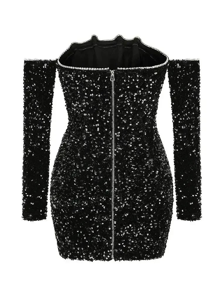Luxe Black Long Sleeve Sequin Off Shoulder Mini Dress