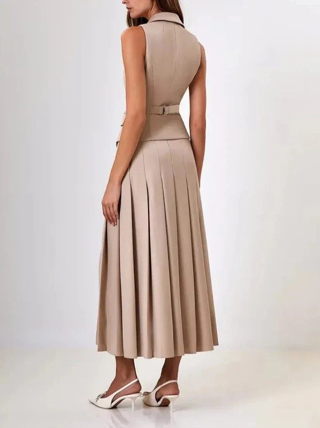 Notched Elegant Collar Vest And Pleated Maxi Skirt Set