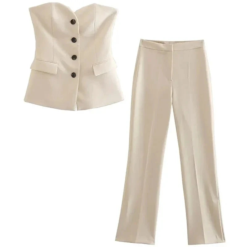 Button Down Suit Top & Side Slit Trouser Two Piece Set