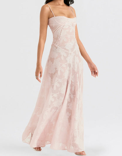 Lace Floral Spaghetti Strap Sheer Sleeveless Pink Dress