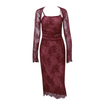 Lace Print Bodycon Burgundy Midi Dress