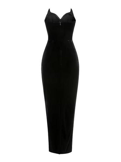Strapless V Neck Velvet Maxi Dress