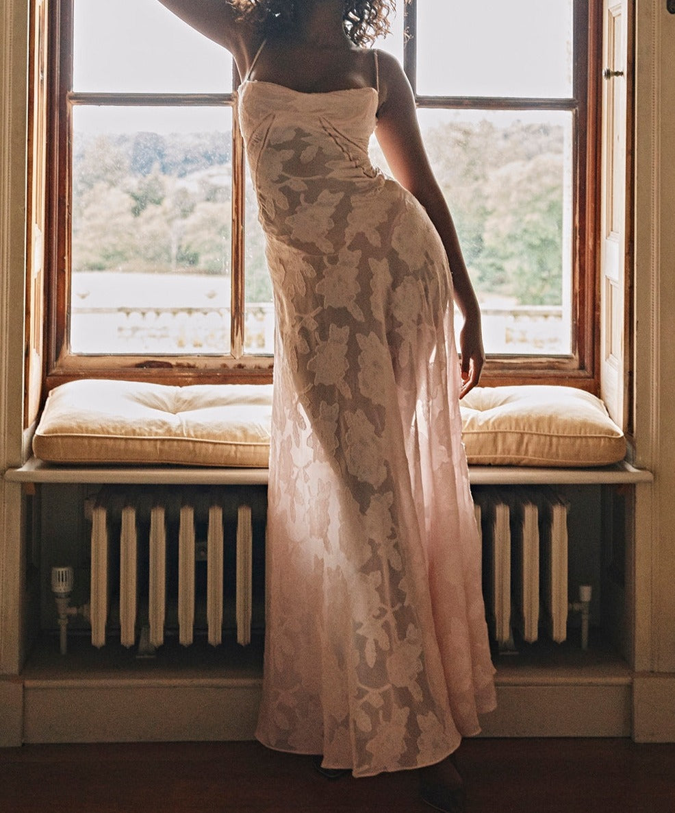 Lace Floral Spaghetti Strap Sheer Sleeveless Pink Dress
