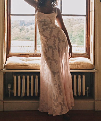 Lace Floral Spaghetti Strap Sheer Sleeveless Pink Dress