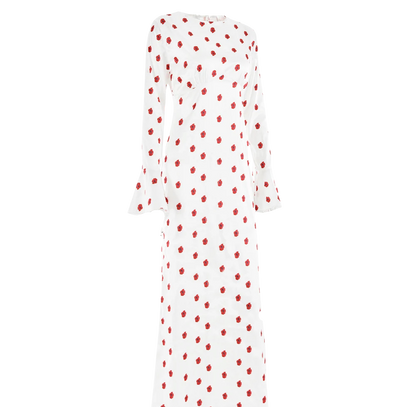Flare Long Sleeve Printed Polka Dot Maxi Dress