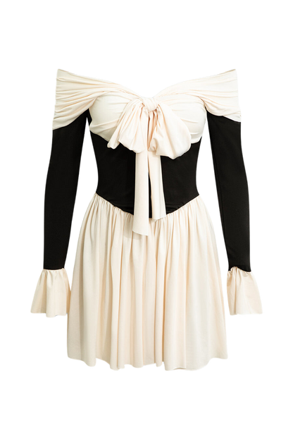Elegant Off The Shoulder Bow Tie Flared Sleeve Mini Dress