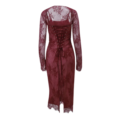 Lace Print Bodycon Burgundy Midi Dress