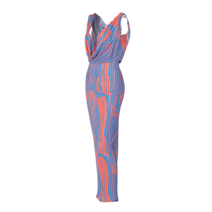 Abstract Cowl Neck Plissé Sleeveless Maxi Dress